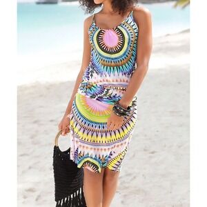 Lascana Drop Waist Sun Dress Kaleidoscopic Geometric Spaghetti Strap Sz 4 Hippie